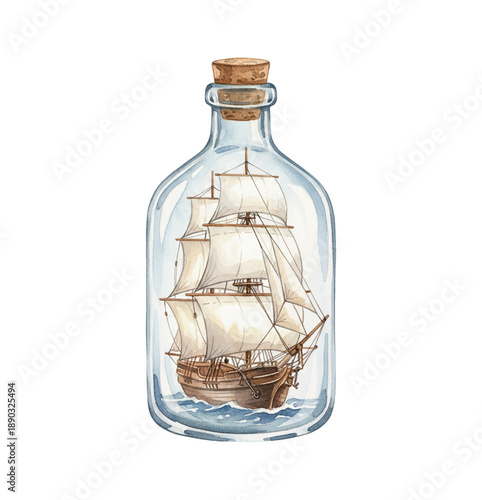Watercolor painting of a majestic sailing ship contained within a clear glass bottle with a cork stopper on white background