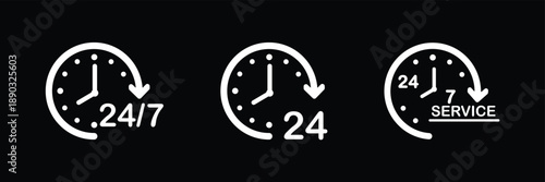 24 hours clock icons set with circular arrows and time symbols for continuous service and round the clock concept vector illustration. Time twenty four icon filled flat sign for mobile concept and web