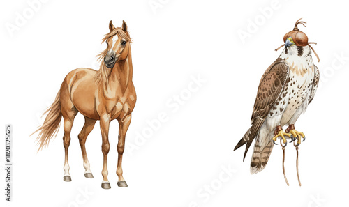 Graceful brown horse and majestic hooded falcon standing together in detailed watercolor illustration