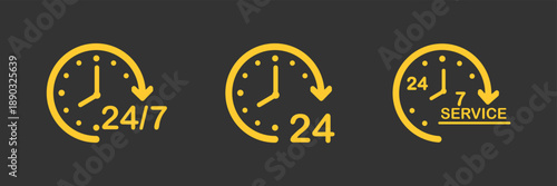 24 hours clock icons set with circular arrows and time symbols for continuous service and round the clock concept vector illustration. Time twenty four icon filled flat sign for mobile concept and web