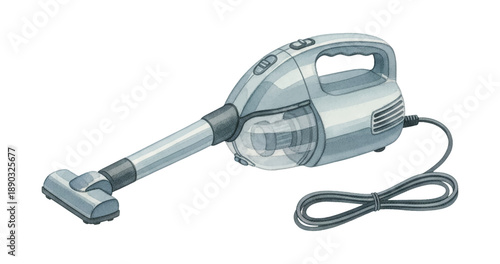 Detailed Illustration of a Grey Handheld Vacuum Cleaner with Cord for Home Cleaning Tasks