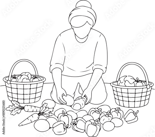 A person diligently sorting a bountiful harvest of fresh garden vegetables into baskets