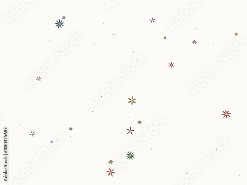 Colorful starburst pattern with scattered stars on a soft white textured background, minimalist design with subtle pastel hues