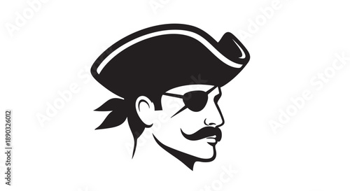A pirate captain wearing an eye patch and hat in a black and white illustration