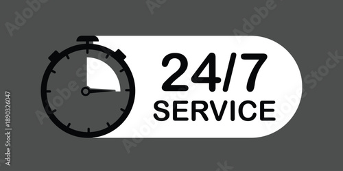 Vector Illustration 24 7 Service Icon. 24-7 open, concept with timer. Banner 24 hours a day open. Vector Illustration 24 7 Service Icon. 24-7 open, concept with timer. Banner 24 hours a day open. 