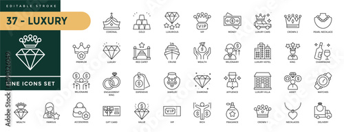 A collection of Luxury icons set with editable stroke, including gold, premium, famous, accesories, jawelry, vip, money, cars, crown, king, richvalue, gift, asset, etc. Thin linear vector illustration