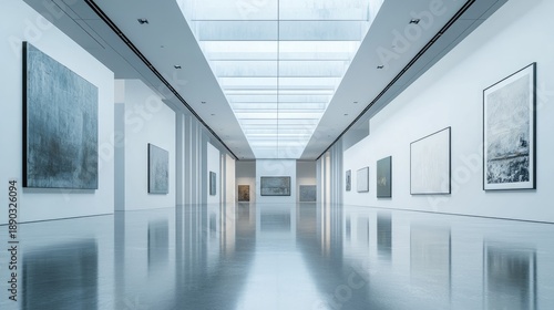 Modern art gallery interior with abstract paintings and reflective floor.