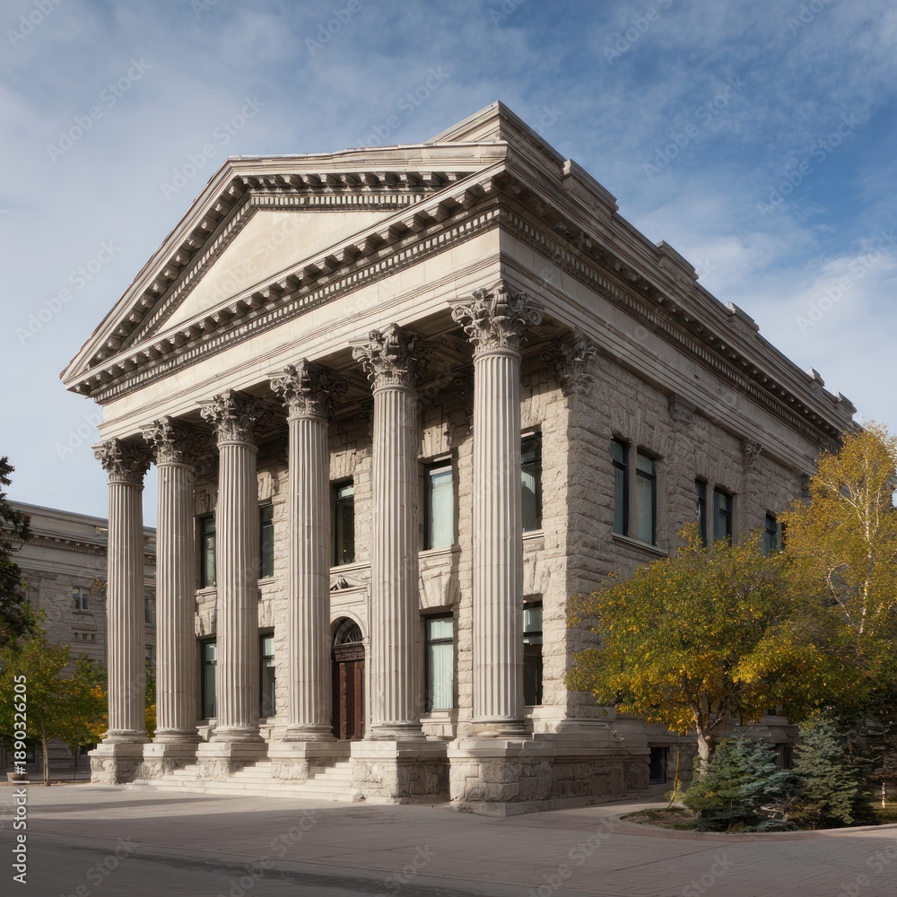 Obraz premium A grand, neoclassical stone building with ornate columns and a pediment, set against a clear blue sky with scattered clouds, with trees and a paved sidewalk in the foreground.