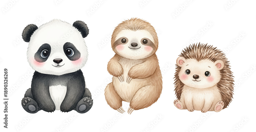 Naklejka premium Cute baby panda sloth and hedgehog sitting together smiling with rosy cheeks in a gentle illustration style