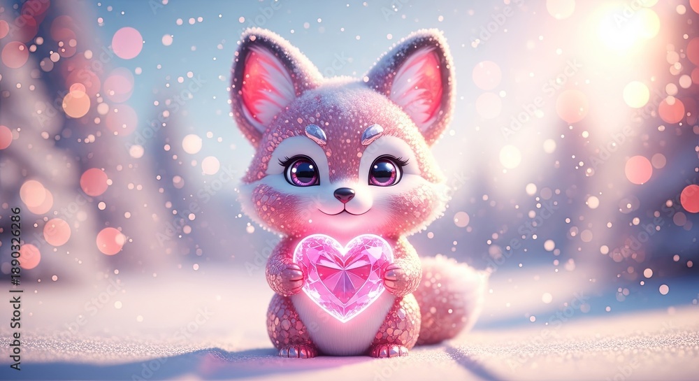 Fototapeta premium Cute festive animal character holding glowing crystal heart in shiny winter landscape. Valentines Day greeting card design. Sweet furry fox