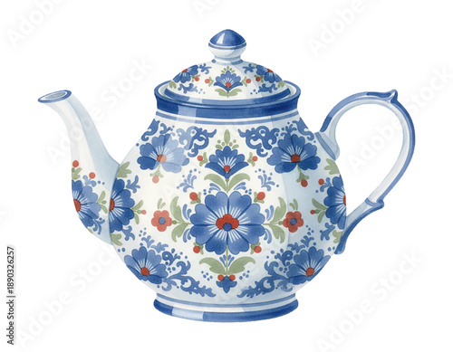 Elegant blue and white floral patterned teapot classic decorative ceramic kitchenware design