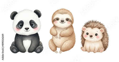 Cute baby panda sloth and hedgehog sitting together smiling with rosy cheeks in a gentle illustration style