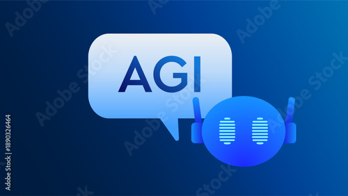 AI Assistant cute robot with Artificial General Intelligence AGI title chat bot representing automation innovation technology and Agentic Ai Concepts. Generative Prompt Text box Vector Illustration.