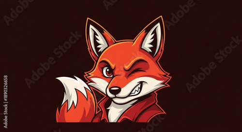 A cartoon red fox with a sly expression and white markings on a dark background looking sideways with a hint of a smile