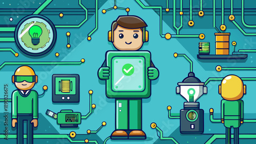 Flat vector illustration concept of a robot with a laptop in a night city network featuring business technology icons and mobile cloud communication symbols