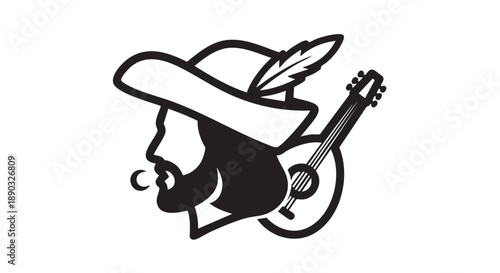 Man with a feathered hat playing a stringed instrument, simple illustration, profile view