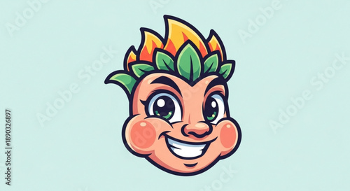 A cheerful cartoon face with a leafy green and orange hair on a light blue background smiling happily