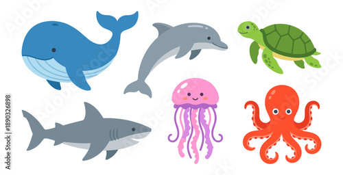 Cute sea animals and marine life characters collection