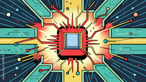 Abstract technology vector background featuring a digital circuit board pattern with stars and a glowing CPU processor on a printed motherboard for network data engineering