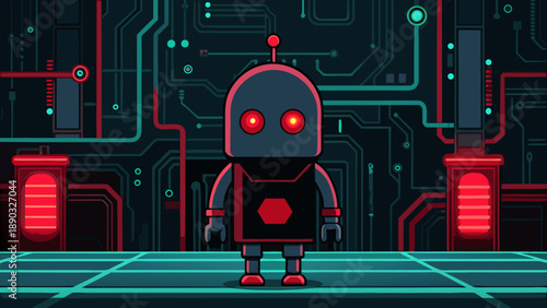 A cute vintage tin robot stands alone in the night, featuring a retro metal machine design and futuristic electronic circuits in a fun digital illustration