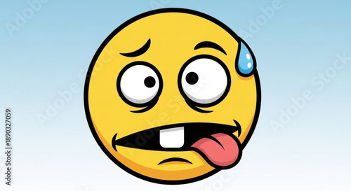 A cartoon emoji with a yellow face and a tongue sticking out in a comical expression on a blue to white gradient background