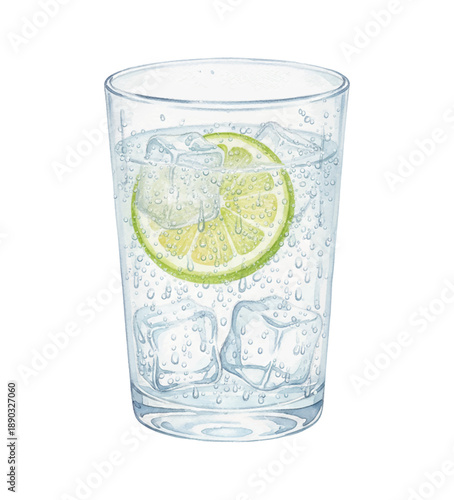 Refreshing sparkling water with ice and a fresh lime slice in a clear glass a cool beverage illustration