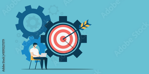 Flat design of a man using a laptop seated next to large interlocking gears and a bullseye with an arrow. It represents strategic planning, technical precision, and hitting business targets.