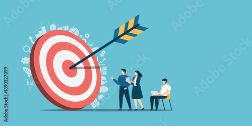 A professional team celebrates hitting the center of a large target with an arrow. This flat art represents business growth, strategic planning, and successful teamwork in reaching corporate goals.