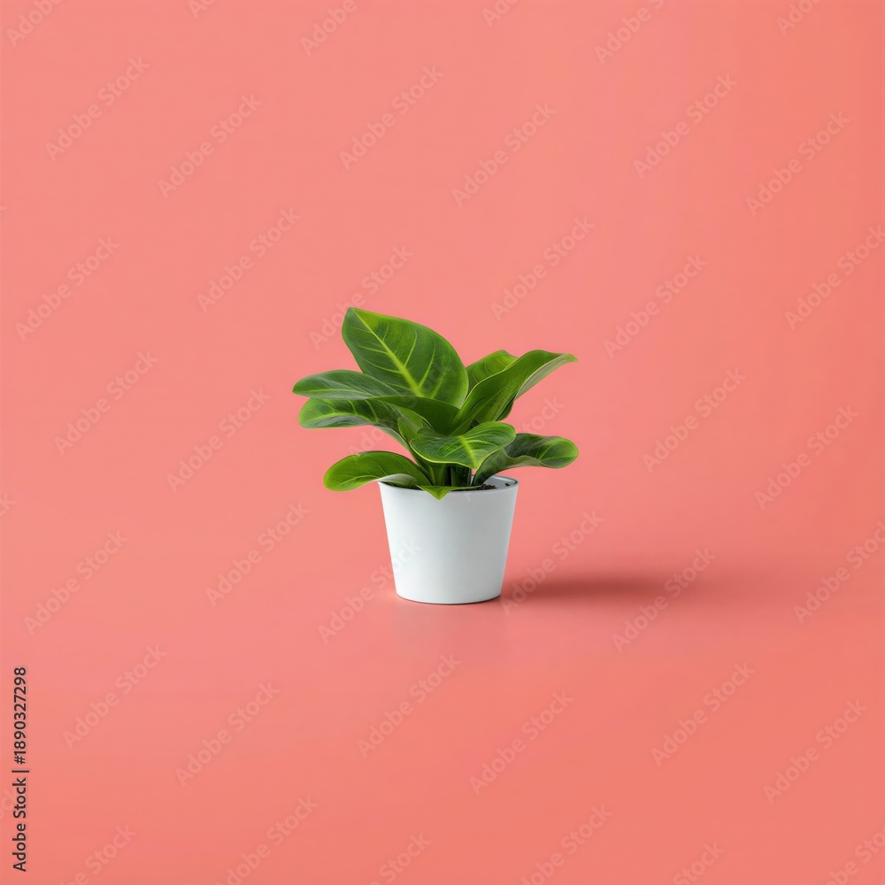 Fototapeta premium A vibrant green plant in a white pot stands against a soft pink backdrop. Perfect for home decor and interior design themes.