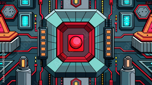 A digital electronic circuit board design features a tech pattern resembling a city map or urban network illustration, blending computer hardware engineering with a modern industrial data chip icon