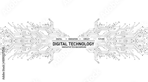 Symmetrical digital network diagram with mirrored branching structure, central text about data, design, and code integration, representing collaboration, innovation, and digital transformation