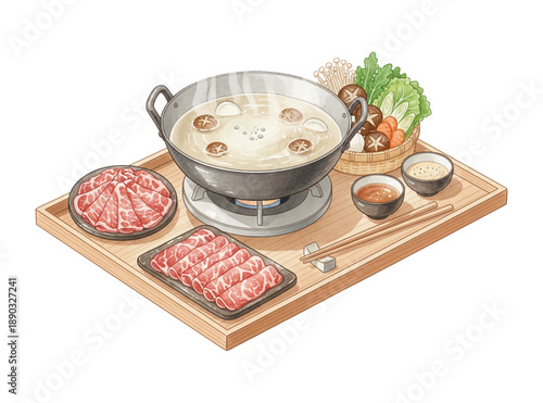 Steaming Asian Hot Pot Shabu Shabu with Sliced Beef Vegetables and Dipping Sauces on Wooden Tray Detailed Illustration