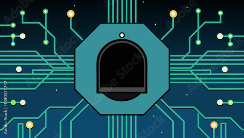 A digital engineering illustration of an electronic circuit board pattern designed with microchip hardware and processor tech lines to symbolize a modern computer communication system concept