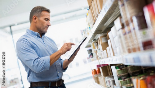 A man in a blue shirt is using a tablet while standing in a grocery store aisle filled with various products. Shopping technology concept.