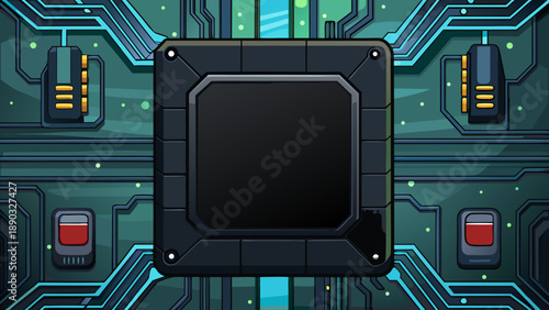 A high-tech digital hardware concept featuring a printed circuit board integrated with a powerful CPU microchip and advanced electronic components for modern computer processing and IT system data