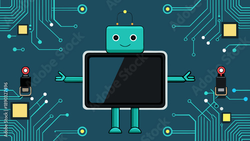 A digital vector illustration of a robotic concept using a laptop and smartphone to manage business data and network connections across a high-tech electronic circuit board design