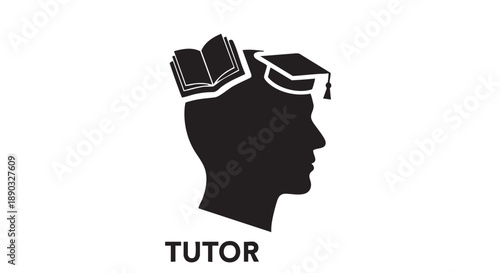 Silhouette of a person's head wearing a graduation cap and holding a book, representing a tutor or teacher in a simple illustration.