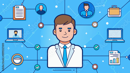 A businessman's hand uses a digital finger touch to interact with a social network icon on a virtual screen interface, representing a futuristic communication concept via a laptop computer