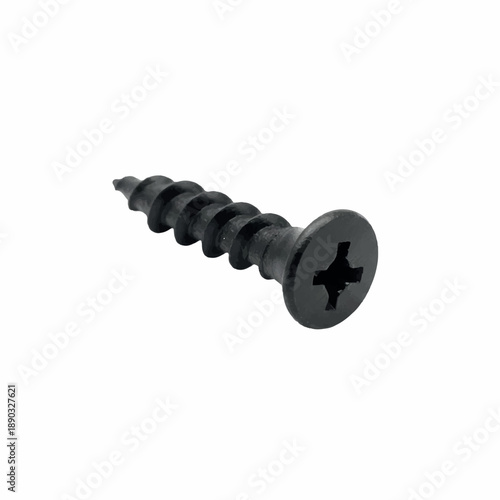 Black phillips head drywall screw with coarse thread isolated on white backdrop