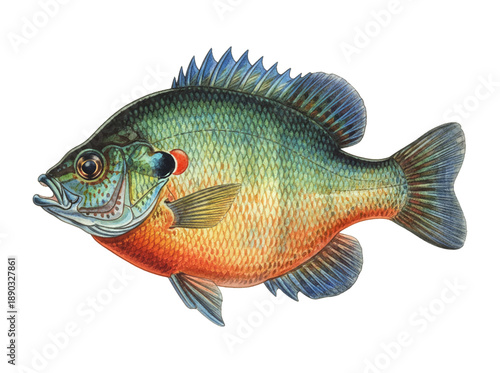 Vibrant Bluegill Sunfish Illustration with Bright Green Blue and Orange Red Scales Detailed Scientific Depiction