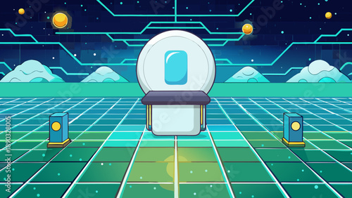 A global digital network illustration featuring a space station overlooking the eye of the world and city with a blue 3d data grid map for business communication