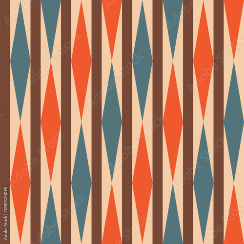 attern created from rows of vertical elongated orange and teal blue diamonds on a beige background divided by brown stripes