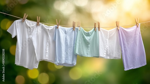 Wallpaper Mural Freshly washed clothes hanging on a clothesline, drying naturally in the sun and fresh air, promoting freshness and sustainability. Laundry Torontodigital.ca