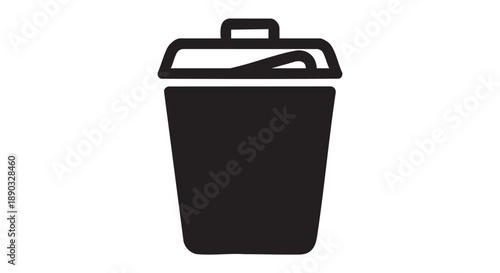 Simple black trash can icon with an open lid on a white background from a front viewpoint