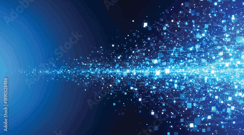 Stream of glowing blue particles dispersing from central source on dark gradient background, symbolizing data transmission, digital energy flow, cosmic motion, and futuristic technology visualization