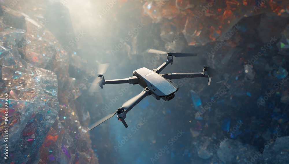 Obraz premium Hovering gray quadcopter drone gliding in crystal cavern, displaying forward camera gimbal