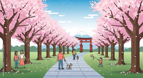 People walking and playing under blooming cherry blossom trees in park with japanese torii gate