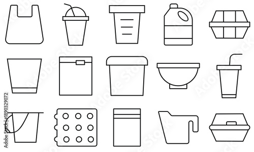 Plastic product line icon set. Set of cleaning products, plastic package, plastic bottles, pouch pop, trash bag,  featuring bottle, cup, zip plastic, bubble wrap, and more. Vector illustration.