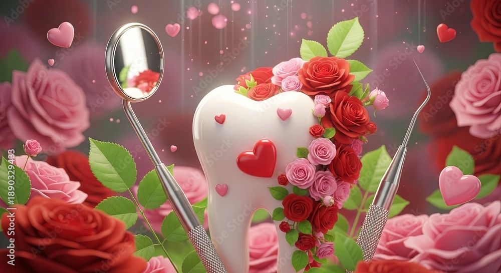 Fototapeta premium White tooth decorated with red and pink roses, hearts, and dental tools. Concept of dental care and love for healthy teeth. For Valentines Day.