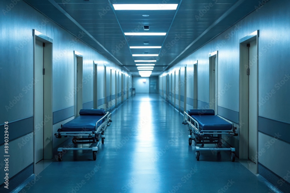 Fototapeta premium An empty hospital corridor with blue gurneys under bright cool lighting